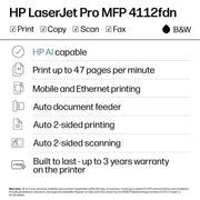 HP LaserJet Pro MFP 4112fdn Monochrome Laser Printer, Duplex, Multifunction with Copier, Scanner, Fax, Ethernet, 50-Sheet ADF