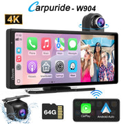 Carpuride 4K Dash Cam Front and Rear with Wireless Android Auto and Apple CarPlay, 10.26-Inch HD IPS Touch Display, Adjustable Front Camera Angle, W904