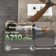 Shede Farmhouse Ceiling Fan, 60 Inch, 3 Solid Wood Blades, 6-Speed Reversible DC Motor, Dimmable 3CCT LED Light, Remote Control, Damp-Rated Indoor Outdoor, Brown