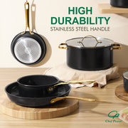 Chef Power 10 Pcs Ceramic Nonstick Cookware Set, Aluminum Pots and Pans with Stainless Steel Handles, Oven Safe to 550F, Black with Gold Handles
