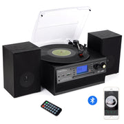 Caymuller Record Player Bluetooth Turntable with CD Player, Cassette, AM/FM Radio, Aux In, Stereo Speakers, Vinyl to MP3 Recording, Silver M504-FX