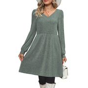 SHINE UP Womens Dress, V Neck, Long Puff Sleeves, Mid-Length with Pockets, Green, M