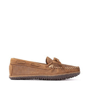 Minnetonka Men's Tie Tread Suede Moccasin Slippers, Water-Resistant, Slip-Resistant MinnTREAD Rubber Sole, Brown, Size 7 M Tarik