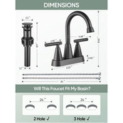 Heemli 4-Inch Matte Black Bathroom Sink Faucet, Lead-Free Stainless Steel, 2-Handle Centerset with Pop-Up Drain and Dual Supply Hoses