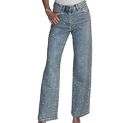 CassandraHayley Womens High-Waisted Rhinestone Washed Jeans, Full Rhinestone Detailing, Straight-Leg, Soft Stretch Denim
