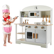 Bruce & Shark Kids Play Kitchen Set Toy, Wooden Pretend Chef Cooking Play Set with Microwave, Pan, Sink, Cookware Accessories