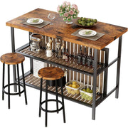 Mooseng 3-Piece Kitchen Island Set with Storage, Wooden Bar Table and 2 Walnut Stools, Industrial Modern Counter Height Dining Set