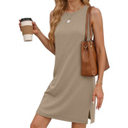 Fantaslook Sleeveless Tank Dress for Women, Beige Mini A-Line Casual Summer Sundress, Crew Neck