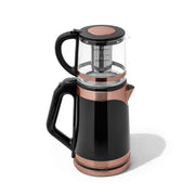 Any Morning Electric Turkish Tea Maker, 2L Stainless Steel Kettle with 1L Glass Teapot and Detachable Infuser, Cordless with Auto Shut Off, Boil-Dry Protection, Blue LED, Black and Copper, DE23203SX