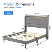 edx Upholstered King Bed Frame with Height-Adjustable Headboard, 3 USB Charging Ports, LED Light Strip, Bluetooth Controller, Gray