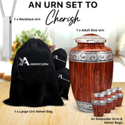 Americurn Wooden Grain Cremation Urn Set, Large Adult Urn, 4 Mini Keepsake Urns, Ash Necklace, Warm Wood Grain Finish