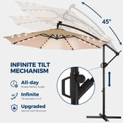 Patbrela 10ft Cantilever Patio Umbrella with Solar LED Lights, Infinite Tilt, Beige, Includes Base HY21LB