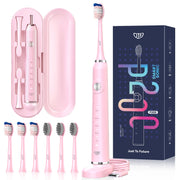 JTF P200 Sonic Electric Toothbrush for Adults and Kids, 5 Modes, 40,000 VPM, IPX7 Waterproof, Wireless Charging, 6 Brush Heads, Pink, Travel Case