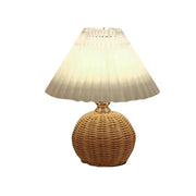 Small Boho Wicker Table Lamp with Pleated Lampshade and USB Ports, Style-A