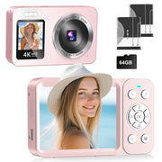 Froura 4K Digital Camera, 64MP, Dual Screens, 18X Digital Zoom, 64GB Card, 2 Rechargeable Batteries, Pink, Compact Travel Point and Shoot for Kids and Teens