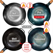 YOSUKATA 13.5 in Blue Carbon Steel Wok Pan, Pre-Seasoned Flat Bottom, Ergonomic Wooden Handle, Compatible with Gas Electric Ceramic Induction and Open Fire Cooktops, 123