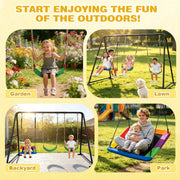 Yacona Outdoor Swing Set for Kids, Metal A-Frame, 3 Swings with Platform, Belt, and Saucer, Adjustable Ropes, Black