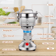 HUSGW Grain Mill Grinder, 2000W High-Speed, 750g Capacity, 304 Stainless Steel, Professional Spice and Coffee Grinder, Silver, T740-US