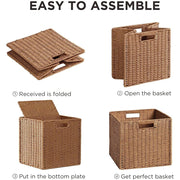 HBlife Wicker Baskets Set of 3 Foldable Hand-Woven Paper Rope Storage Baskets with Handles, Caramel, Large Square Bins 11x10.5x11 in, WCB-LI9084-CA-3P