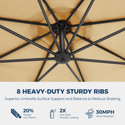 TASKBAY 10ft Cantilever Hanging Outdoor Patio Umbrella with 360-Degree Rotation, 32 Solar LED Lights, Beige, Includes Base HY21LBR-Beige