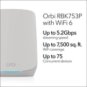 NETGEAR Orbi 750 Series AX5200 Tri-Band Mesh Wi-Fi 6 System, Router with 2 Satellite Extenders, Coverage up to 7,500 sq. ft., Supports 75 Devices, White, RBK753P-100NAS