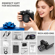Novzzovaz 4K Point & Shoot Digital Camera, 48MP Photos, 16X Digital Zoom, WiFi Connectivity, Flip 3-Inch Screen, Wide & Macro Lenses, Dual Batteries, 32GB MicroSD Kit, 18272551587