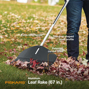 Fiskars Leaf Rake, Lightweight Aluminum Handle, 32 Flexible Resin Tines, 24 in. Head Width, 67 in. Length, Black and Orange, 1068952