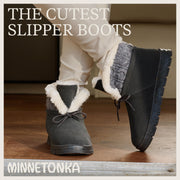 Minnetonka Norean Women's Tan Suede Slipper Booties, Lace-Up, Faux Fur Lined, Indoor Outdoor, 81101