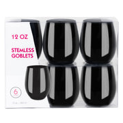 PLASTICPRO Disposable Stemless Wine Glasses, 12 Oz Black BPA-Free Plastic Cups, Pack of 6, 126088