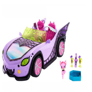 Monster High HHK63 Toy Car, Ghoul Mobile with Pet and Cooler Accessories, Purple Convertible with Spiderweb Details