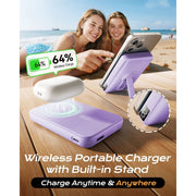 Breezio Magnetic Wireless Power Bank, 12000mAh, Fast Charging 15W Wireless, USB-C 20W PD, USB-A 22.5W QC, Built-in Kickstand, LED Display, Compatible with iPhone 13-17, Light Purple, W16