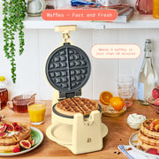 Made By Gather Beautiful Rotating Belgian Waffle Maker, 900W, EverGood Ceramic Nonstick, Adjustable Browning, Buttercream, Compact Foldable Design, 29426