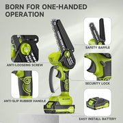 Pulituo Mini Cordless Chainsaw, 6-Inch Electric Handheld Battery-Powered Saw, 4020 RPM Motor, Lightweight Green Design