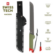 Swiss Tech Hacken Tactical Machete, 18-Inch Titanium-Coated Stainless Steel Sawtooth Blade, Green Rubber Handle, D31386