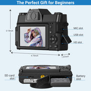 Saneen Compact Digital Camera, 6K Video, 64MP Photos, Wi-Fi Enabled, 3-Inch 180 Flip Screen, 16X Digital Zoom, Detachable 52mm Lens, Black, WX02