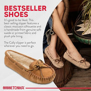 Minnetonka Cally Women's Moccasin Slippers, Dark Navy Suede, Faux Fur Lining, Rubber Sole, Size 7, 4014