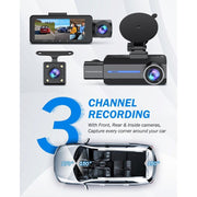 Stock J07 Preferred 3 Channel Dash Cam, 4K Front, 2.5K Rear, 1440P Inside, Triple Car Camera with 32GB Card, G-Sensor, 24Hr Parking Monitor, Loop Recording, IR Night Vision, Blue, J07