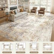 UERMEI 8'x10' Washable Area Rug, Modern Abstract Design, Non-Slip TPR Rubber Backing, Low Pile Polyester Carpet, Grey Gold, X23109B