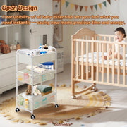 Gofinoday 3-Tier Diaper Caddy Cart with Adjustable Dividers and 8 Mesh Side Pockets, Lockable Wheels, White Metal Frame, 17x11x32 in