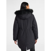 Time and Tru Women's Plus Hooded Anorak Jacket, Heavyweight Polyester, Mid-Length, Black Soot, Adjustable Waist, Removable Faux Fur Trim