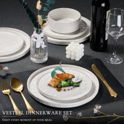 Vesteel 12-Piece Stoneware Dinnerware Set, Speckled White, Includes Plates and Bowls for 4, Dishwasher and Microwave Safe, Stackable Design