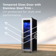 TCL 12 Bottle Wine Cooler, 1.24 Cu Ft, Adjustable Temperature, Stainless Steel Glass Door, Black, TRW12F6AS