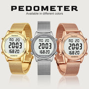 Hearkent Women Pedometer Watch, Step Tracker with Calories Counter, Large LCD Display, 30M Waterproof, Alloy Metal Case, Silver