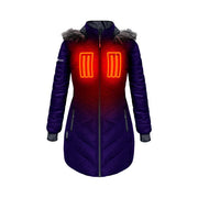 ActionHeat Women's 5V Battery Heated Long Puffer Jacket with Faux-Fur Hood, Indigo, Large, AH-EVGV-7V-M-B-M