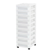 Iris USA 9-Drawer Narrow Plastic Storage Cart with Divided Organizer Top, White, 49 Qt