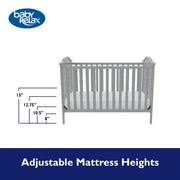 Baby Relax Adele 3-in-1 Convertible Crib, Light Gray, Solid Pine Wood, Adjustable Mattress Heights, Contemporary Design