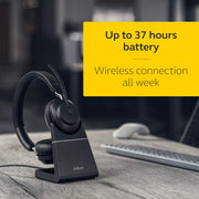 Jabra Evolve2 65 Bluetooth Wireless Headset, Dual-Ear On-Ear Headphones with USB-A Adapter, Charging Stand, 37 Hours Battery Life, Passive Noise Cancellation, Black