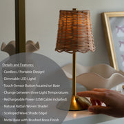 Sterling & Noble Cordless Indoor Table Lamp, Natural Rattan Woven Shade, Brushed Brass Base - Portable