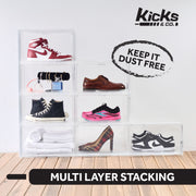 Kicks & Co XL Clear Plastic Stackable Shoe Storage Box with Magnetic Front Door and Ventilation Slots for Sneakers up to Size 13, 4 Pack