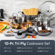 Gotham Steel 10-Pc Tri-Ply Stainless Steel Cookware Set, Induction Ready, Oven and Dishwasher Safe, 6946